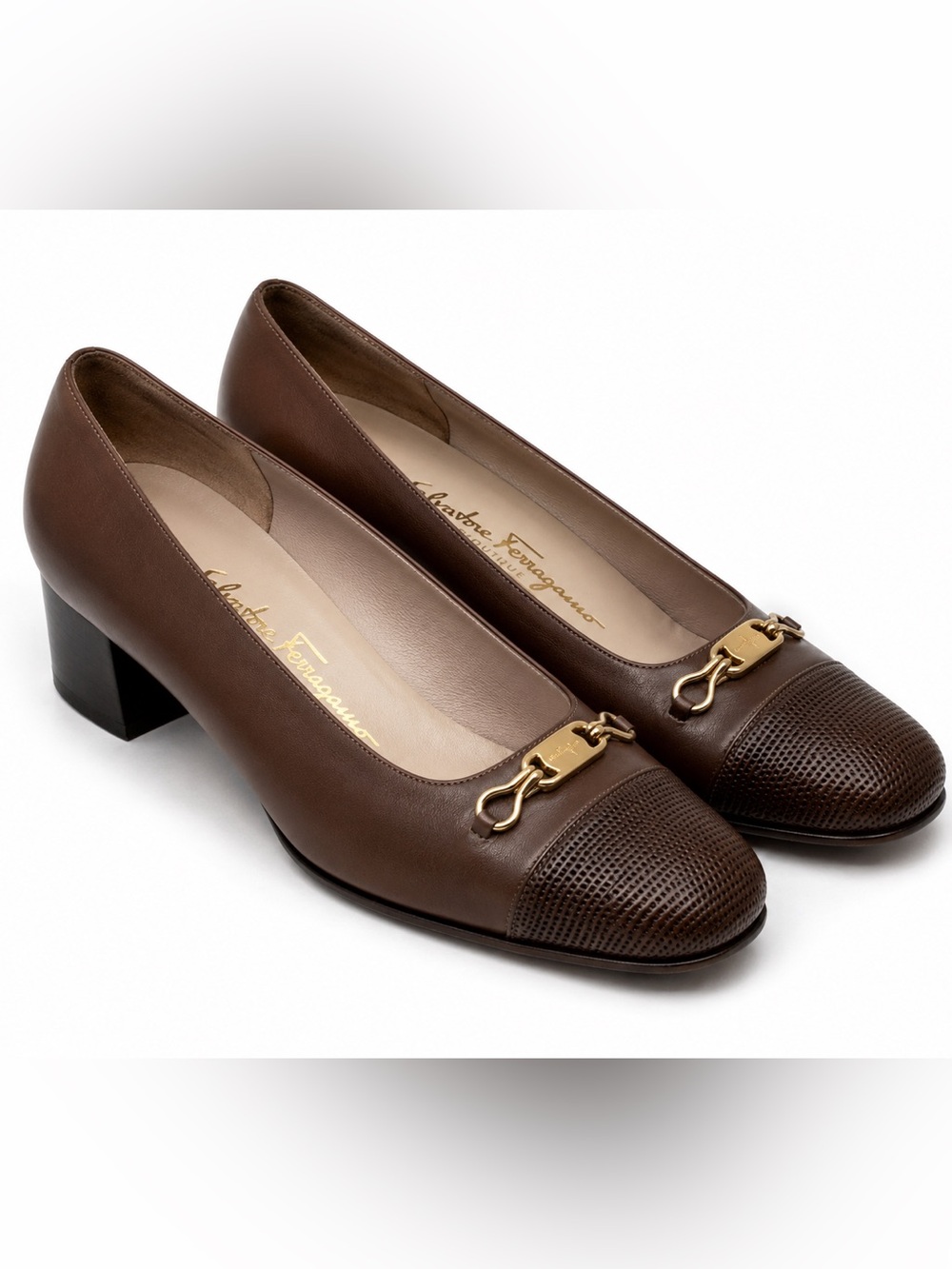 Vintage Salvatore Ferragamo Boutique Leather Gancini Cap Toe Block Heel Pumps